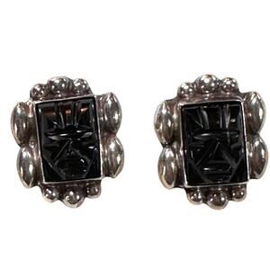 Mexican Sterling Silver Earrings with Black Onyx Carved Faces - Very Old Vintage